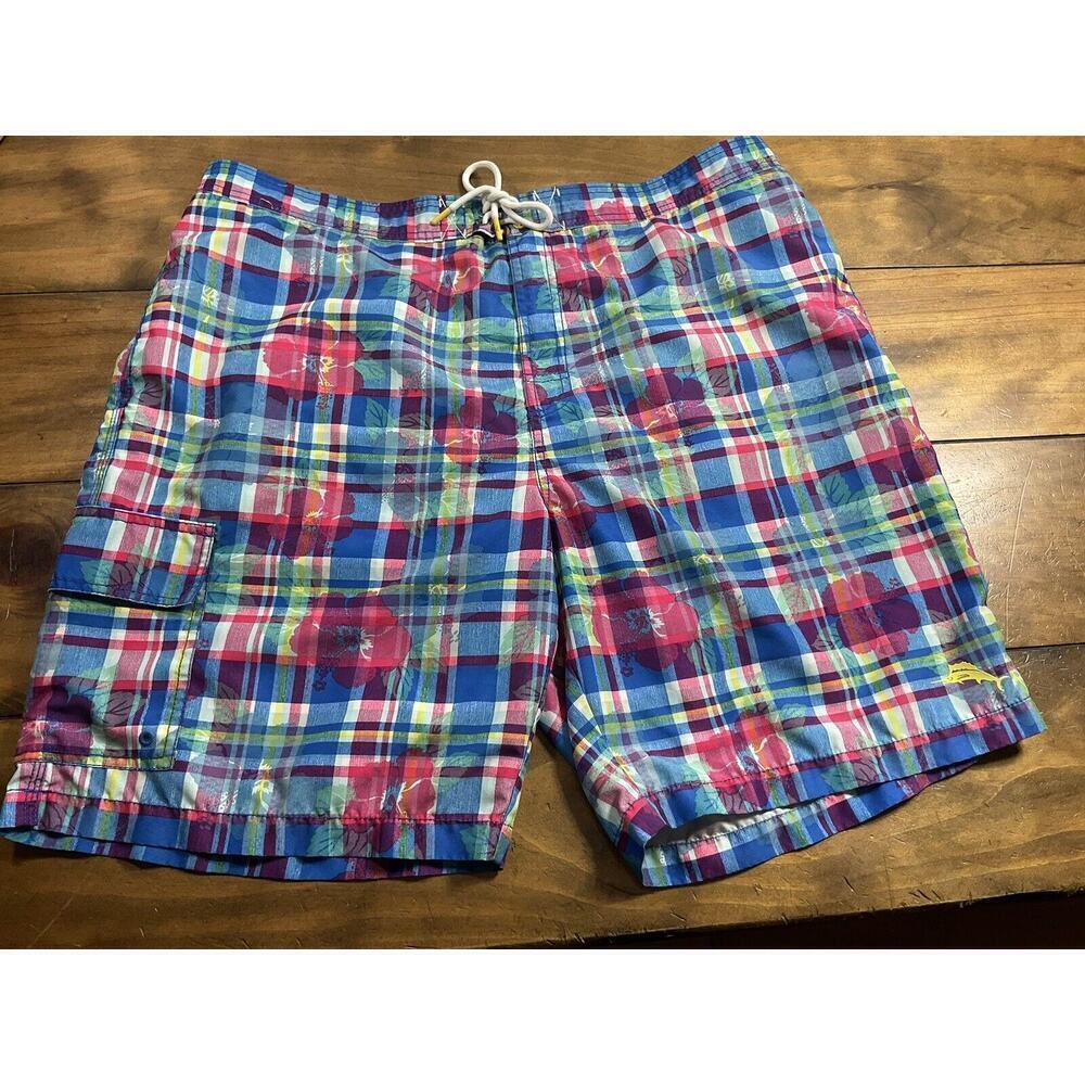 Tommy Bahama Swim Trunks Mens Size XXL Plaid Floral Draw String Lined Shorts